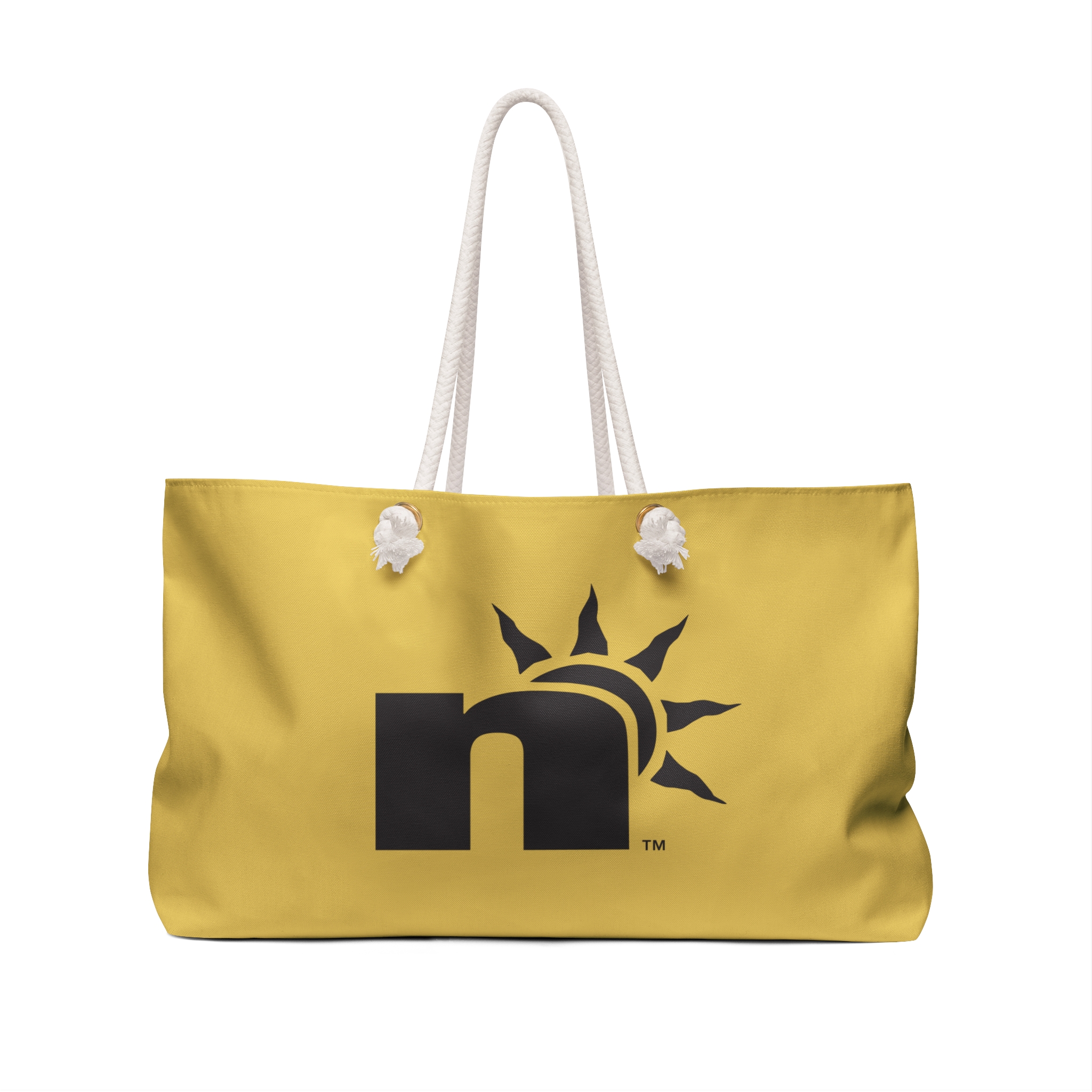 Go Barefoot All Over Weekender Bag – Yellow Travel Tote with Sun Logo - Image 2