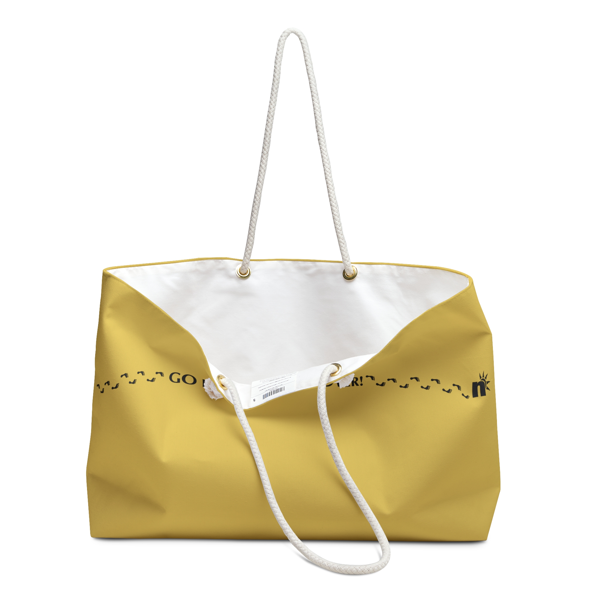 Go Barefoot All Over Weekender Bag – Yellow Travel Tote with Sun Logo - Image 3